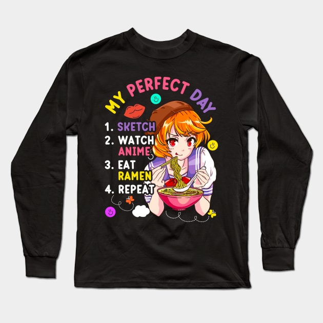 My Perfect Day Sketch Watch Eat Ramen Anime Long Sleeve T-Shirt by aneisha